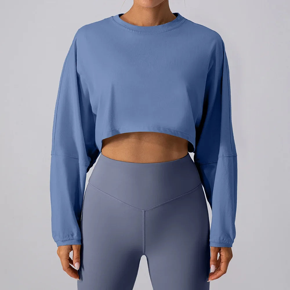 Women’s Long Sleeve Sports Crop Top – Yoga & Gym Workout Shirt