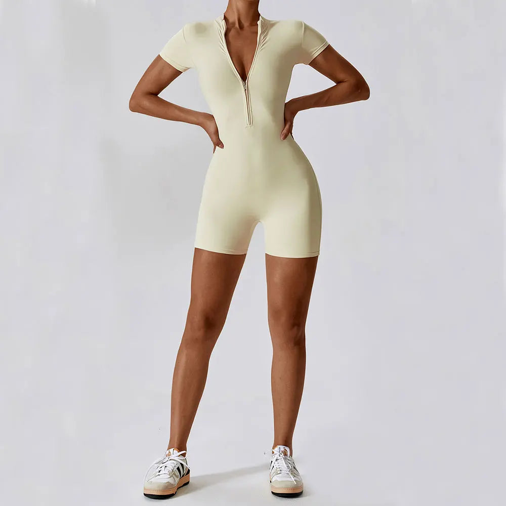 Women's Yoga Jumpsuit – Short Sleeve Zipper Bodysuit for Fitness & Running