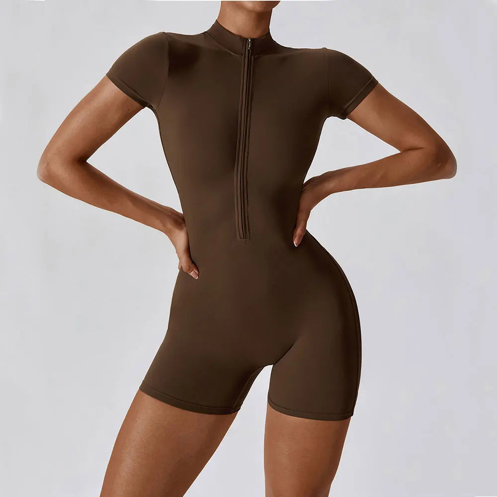 Women's Yoga Jumpsuit – Short Sleeve Zipper Bodysuit for Fitness & Running