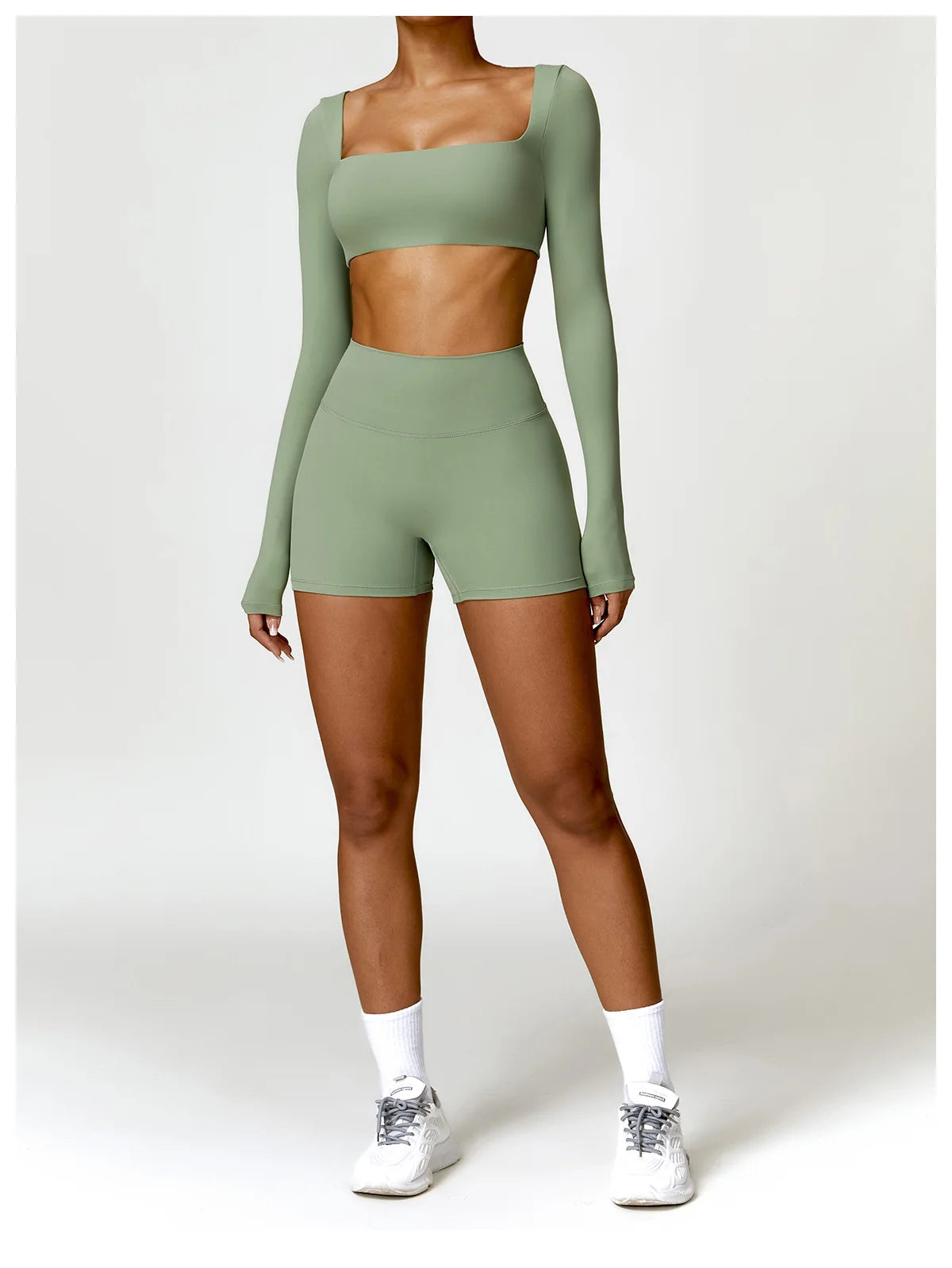 2-Piece Women's Yoga Set – Long Sleeve Top, Shorts & Sports Bra