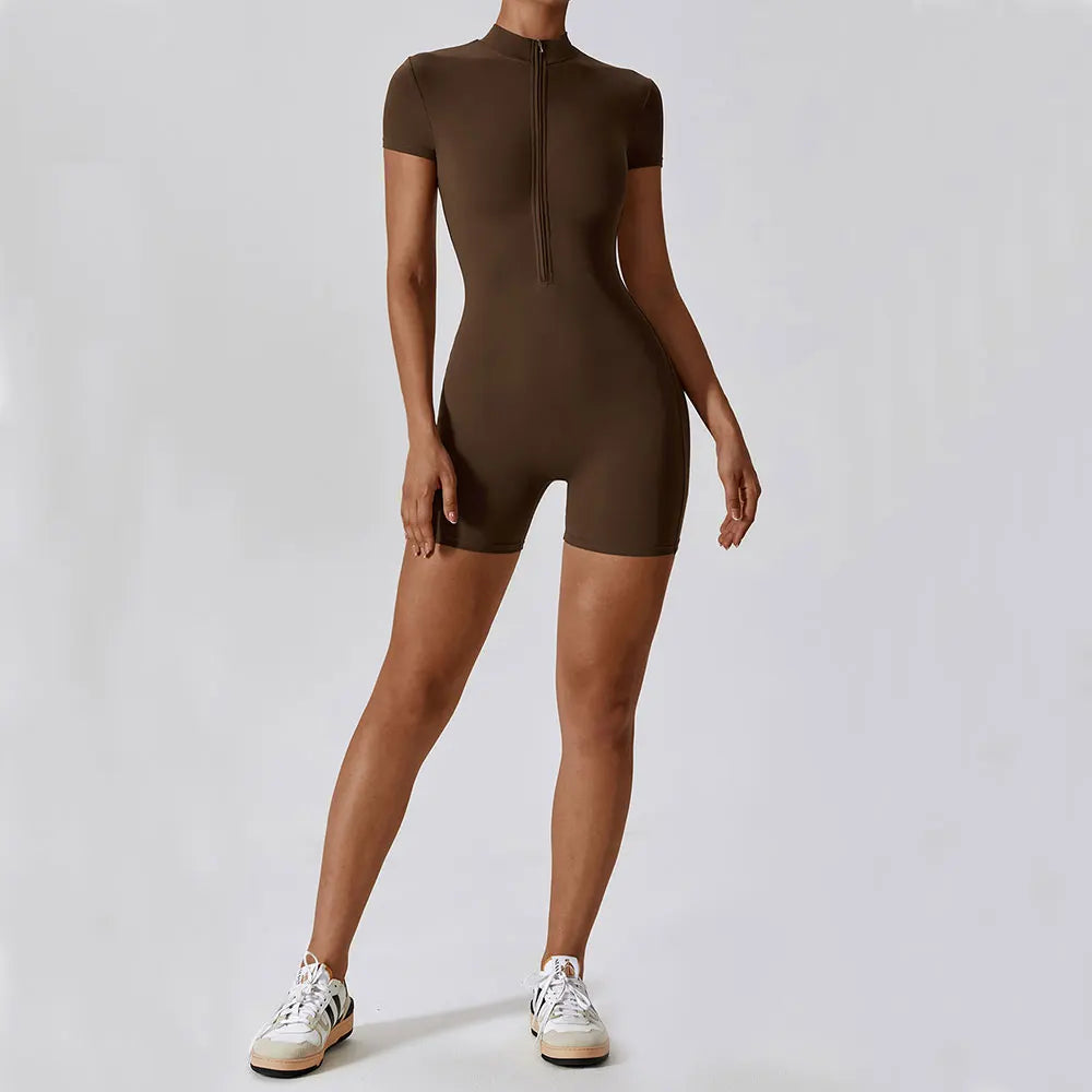 Women's Yoga Jumpsuit – Short Sleeve Zipper Bodysuit for Fitness & Running