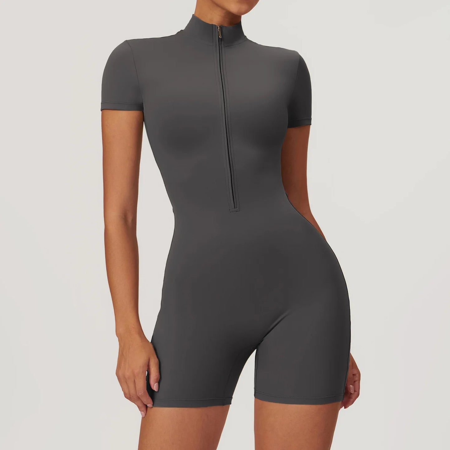 Women's Yoga Jumpsuit – Short Sleeve Zipper Bodysuit for Fitness & Running