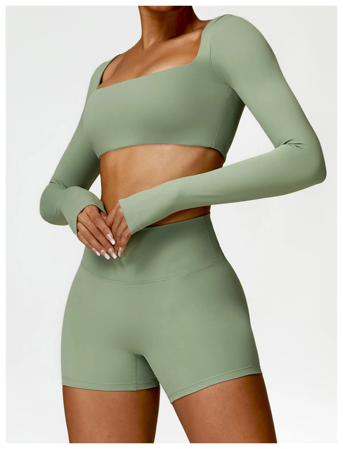 2-Piece Women's Yoga Set – Long Sleeve Top, Shorts & Sports Bra