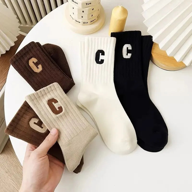 5 Pairs Women's C-Print Socks – Fashionable, Versatile Mid-Length Sports Socks