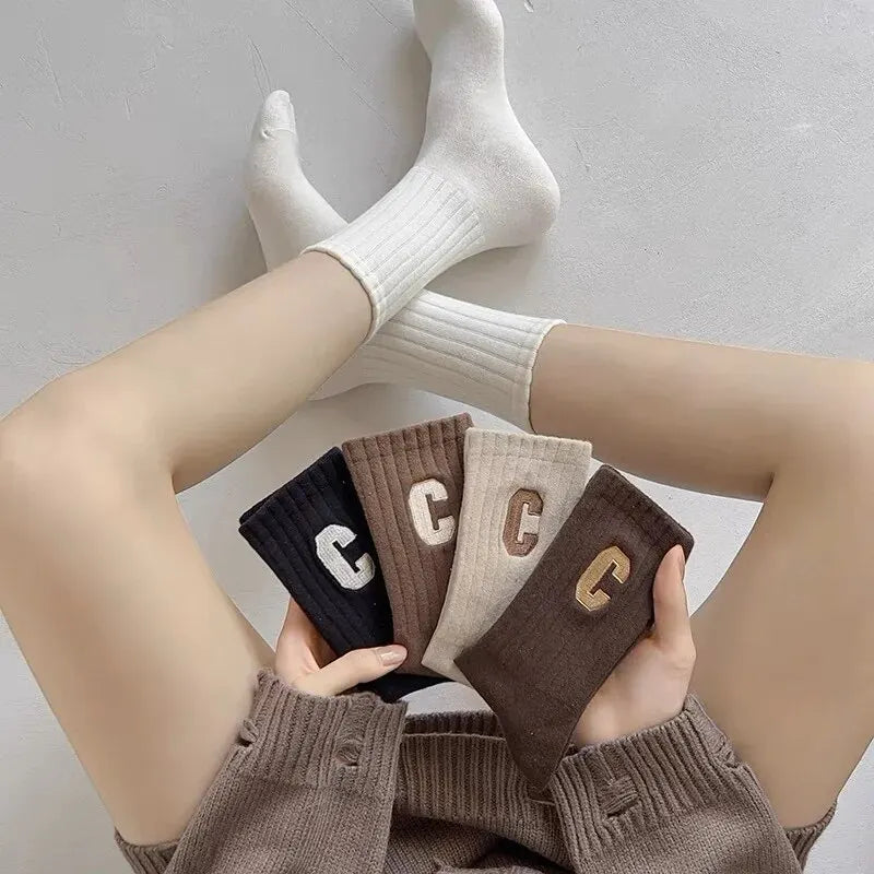 5 Pairs Women's C-Print Socks – Fashionable, Versatile Mid-Length Sports Socks