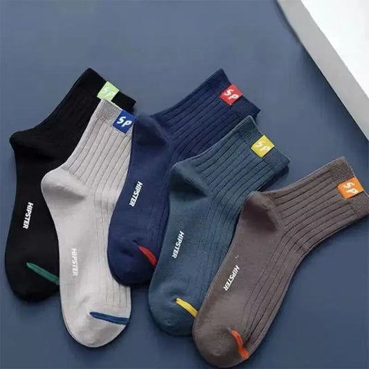 5 Pairs Men's Mid-Calf Socks – Warm, Breathable, Sweat-Absorbing Sports Socks