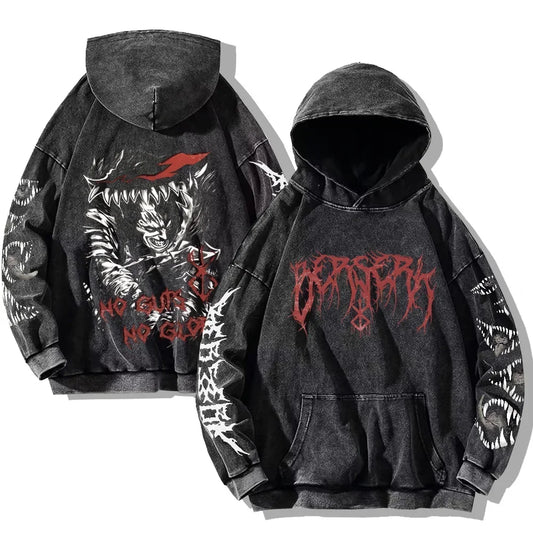 Men's Berserk Hoodie – Gothic Print, Vintage Washed Cotton, Oversized Y2K Streetwear