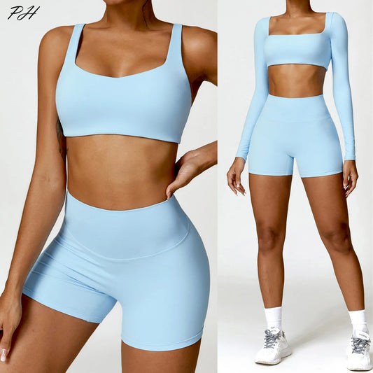 2-Piece Women's Yoga Set – Long Sleeve Top, Shorts & Sports Bra