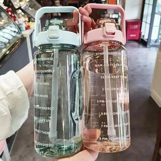2L Water Bottle with Straw – Large Capacity, Time Marker for Fitness & Outdoor Use