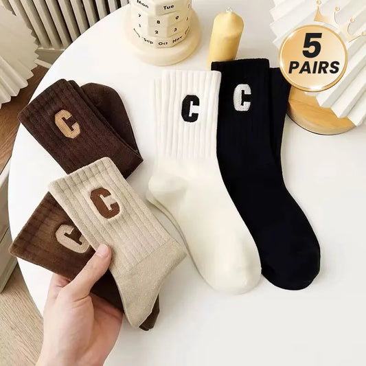 5 Pairs Women's C-Print Socks – Fashionable, Versatile Mid-Length Sports Socks