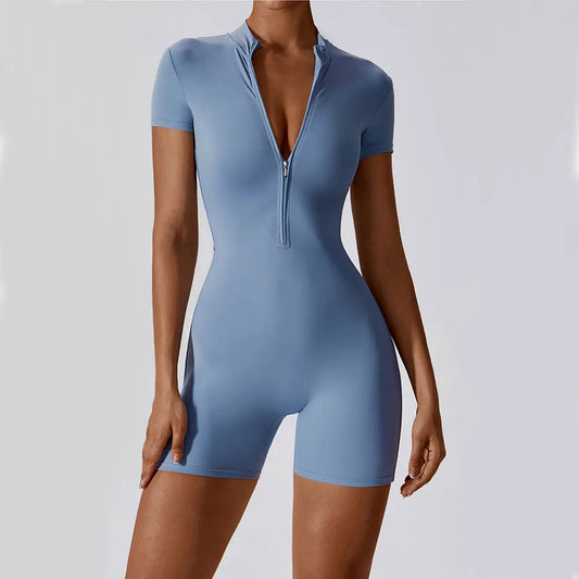 Women's Yoga Jumpsuit – Short Sleeve Zipper Bodysuit for Fitness & Running